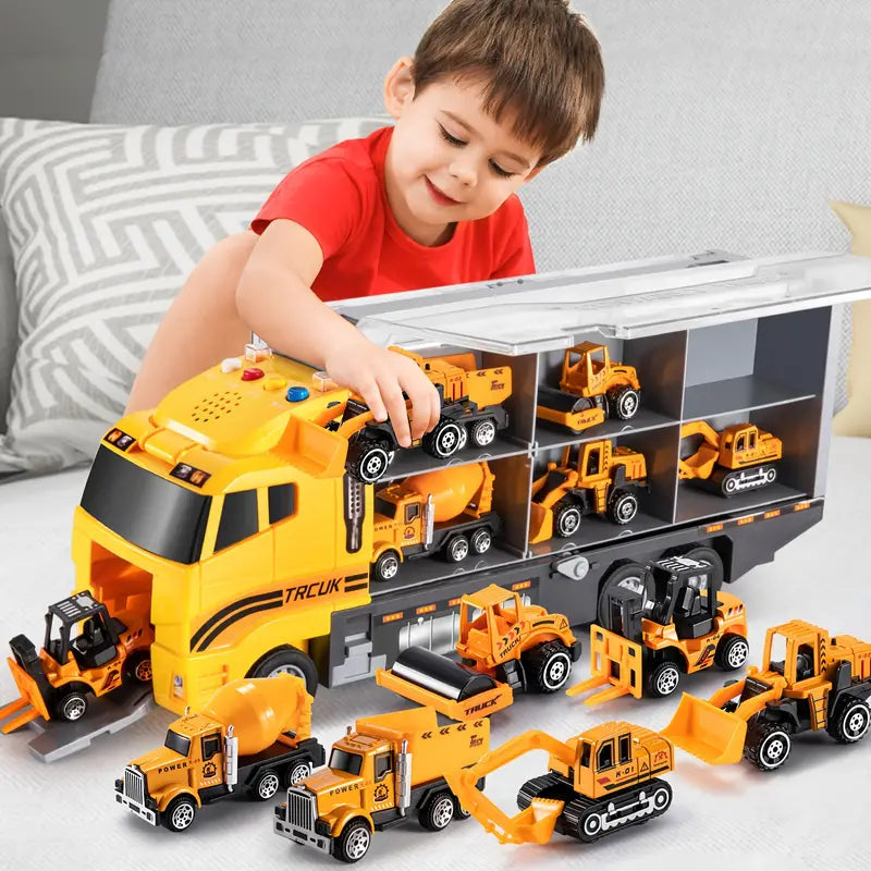 Portable Kids Construction Toy Vehicle Playset with Mini Trucks and Excavators for Imaginative Play 4