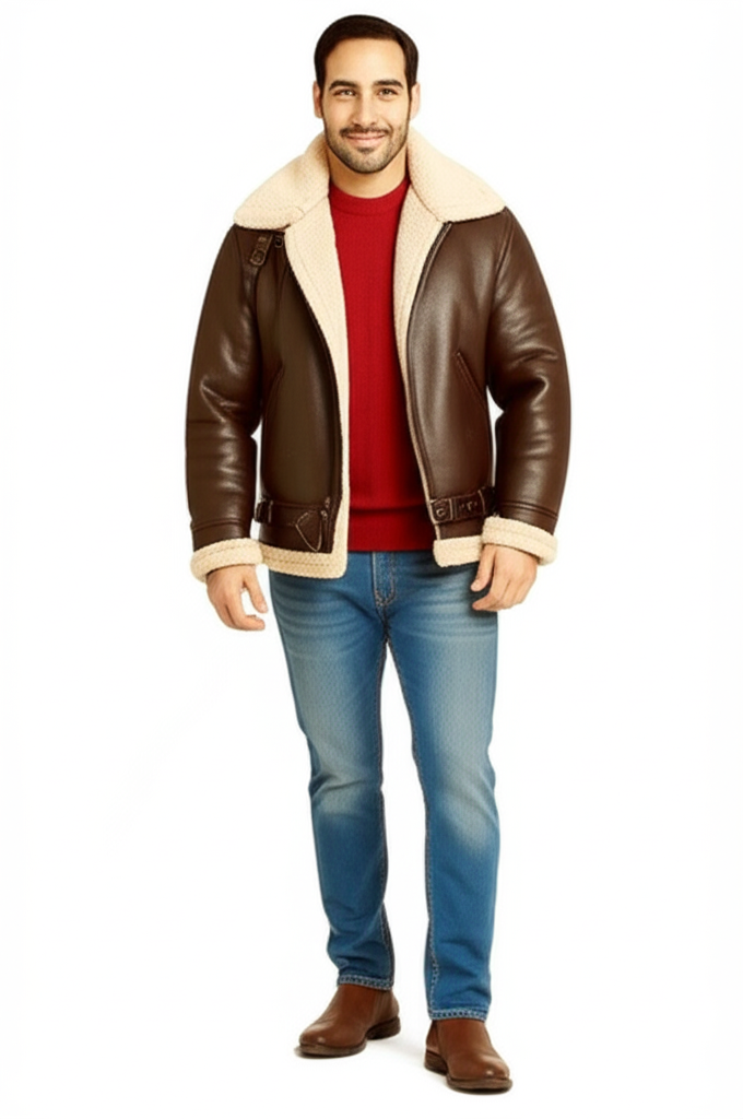 Shearling Aviator Jacket with Adjustable Fit and Vintage Style – Genuine Sheepskin Outerwear 1