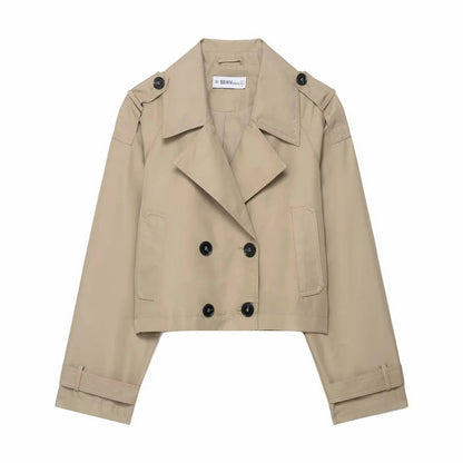 Stylish Women's Double Breasted Short Trench Coat with Pockets – Autumn and Winter Essential 0